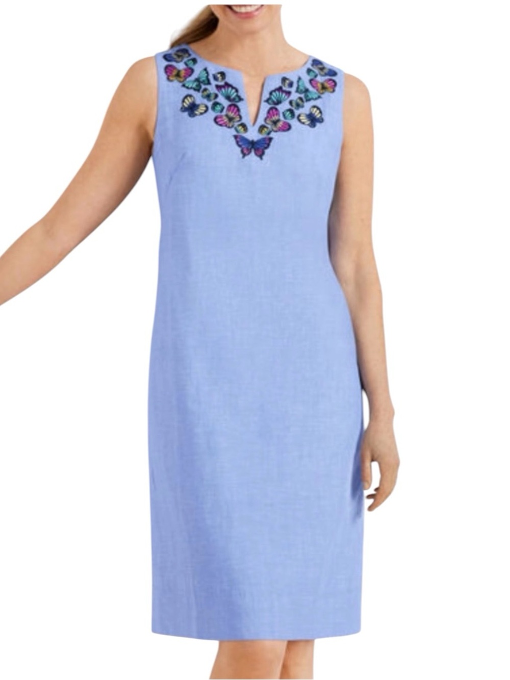 Talbots Embroidered Butterfly Chambray Midi Shift Dress, P2P:25”, L:40.